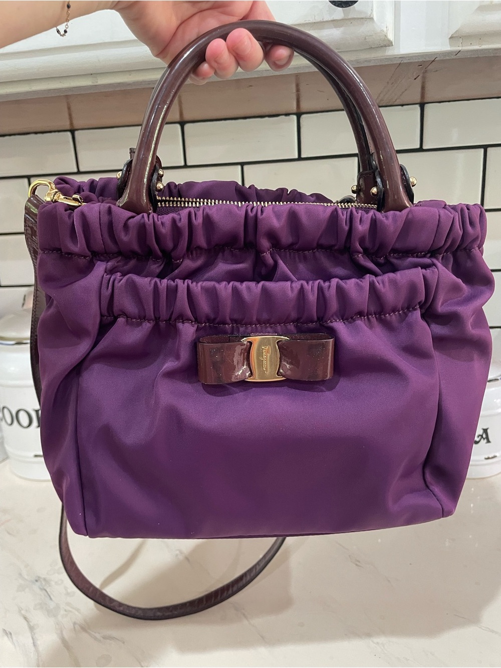 Salvatore Ferragamo Purple Gathered Nylon Tote with Vara Bow